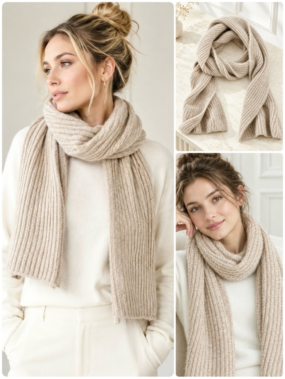 J. Crew Knit Scarf Textured Vertical Stitch Pattern Ribbed Light Brown Warm Cozy - Picture 3 of 7